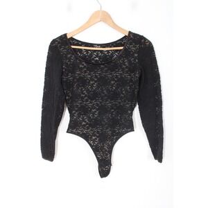 Vtg Didi M Black Lace Long Sleeve Thong Bodysuit Top